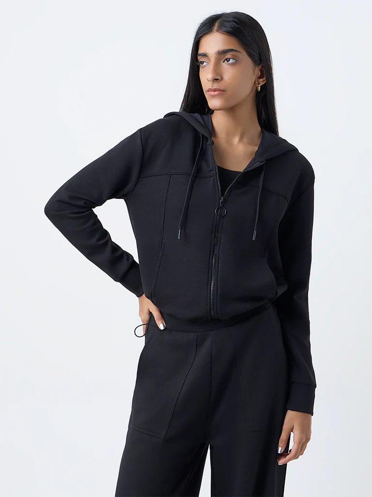 Studiofit Black Solid Hooded Jacket