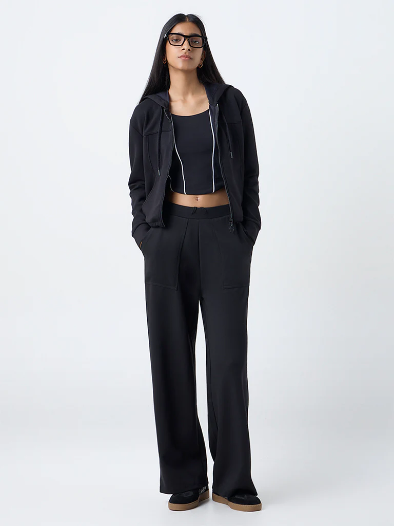 Studiofit Black Solid Hooded Jacket - Image 2