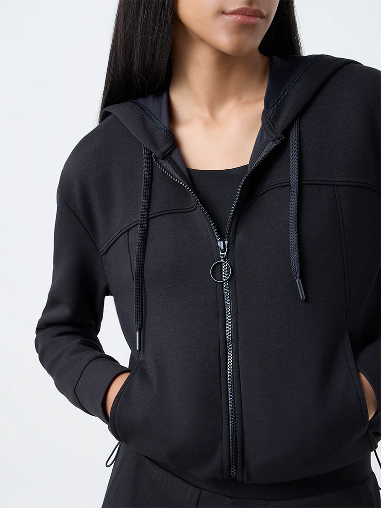 Studiofit Black Solid Hooded Jacket - Image 3