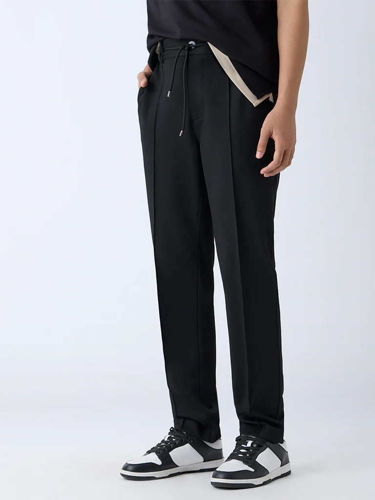 Studiofit Black Solid Relaxed-Fit Mid-Rise Pants - Image 3