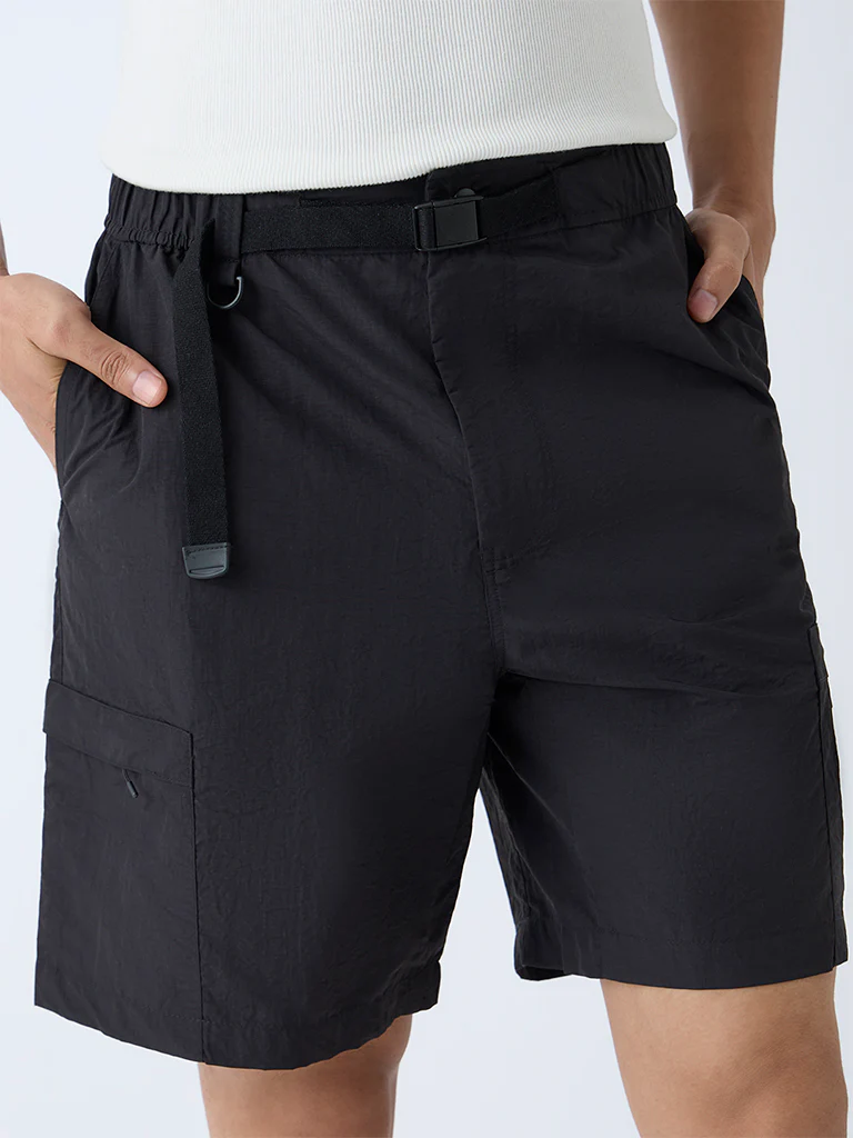 Studiofit Black Solid Relaxed-Fit Mid-Rise Shorts - Image 4