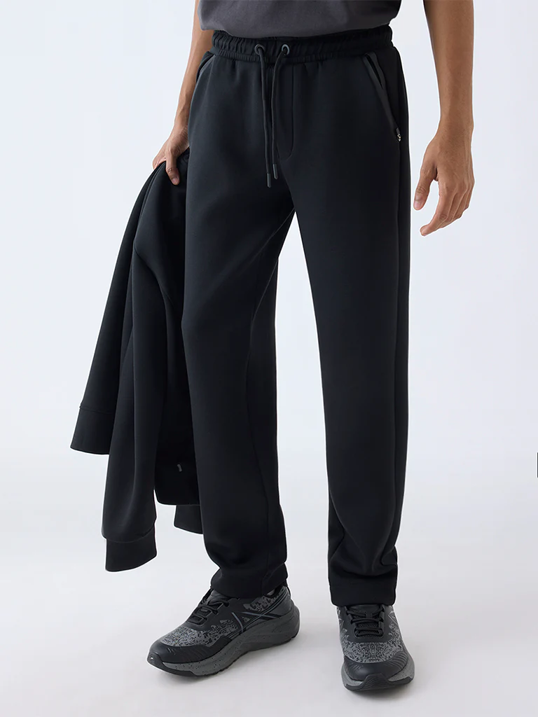 Studiofit Black Solid Relaxed-Fit Mid-Rise Track Pants - Image 3