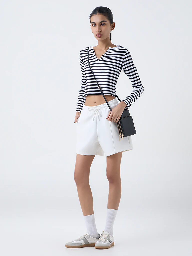 Studiofit Black Striped Cotton-Blend Henley T-Shirt - Image 2