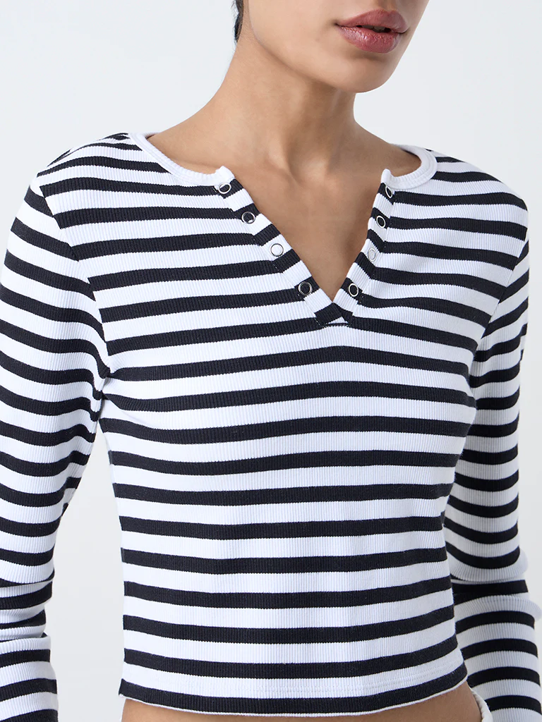 Studiofit Black Striped Cotton-Blend Henley T-Shirt - Image 3