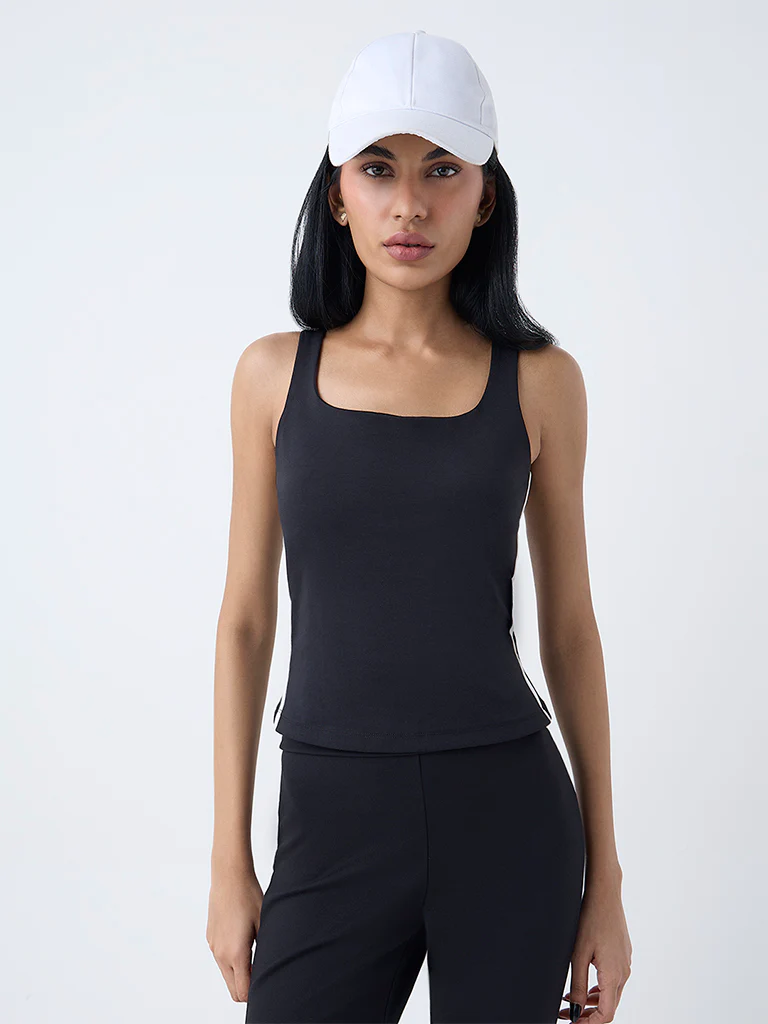 Studiofit Black Striped Cotton-Blend Top - Image 2