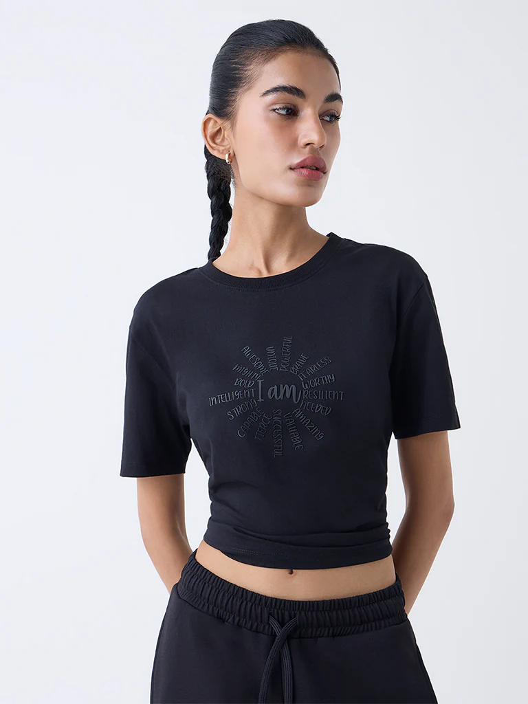 Studiofit Black Text Design Cotton T-Shirt