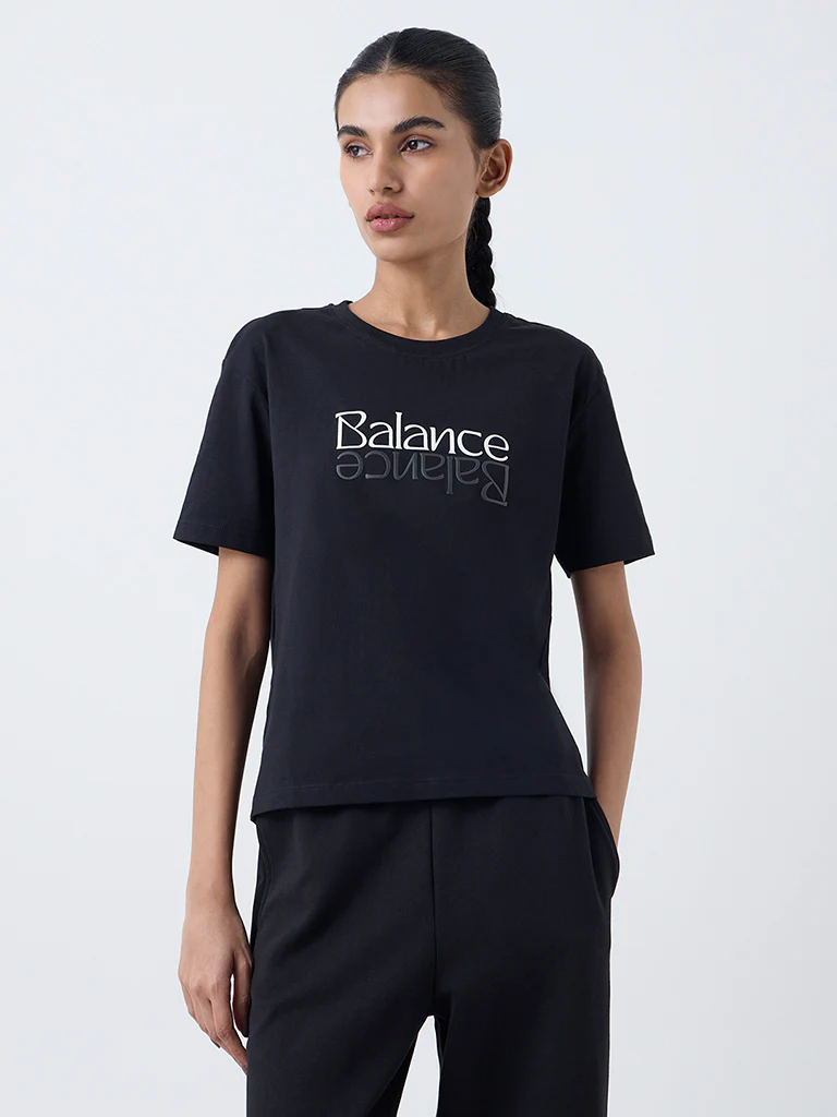 Studiofit Black Text Pattern Cotton T-Shirt