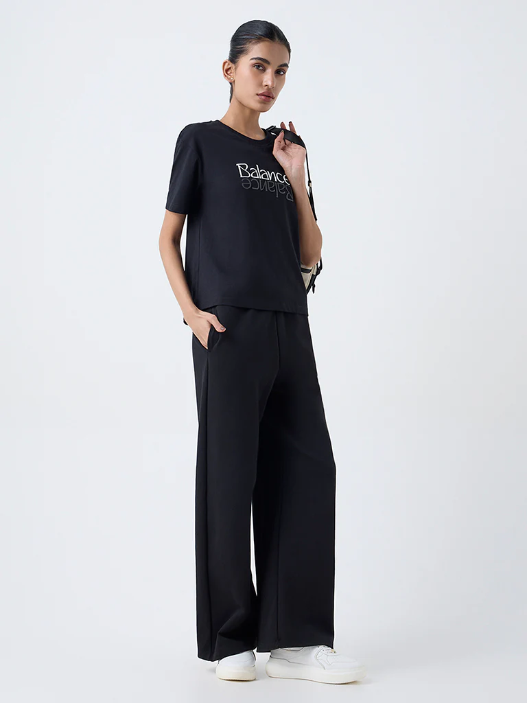 Studiofit Black Text Pattern Cotton T-Shirt - Image 2