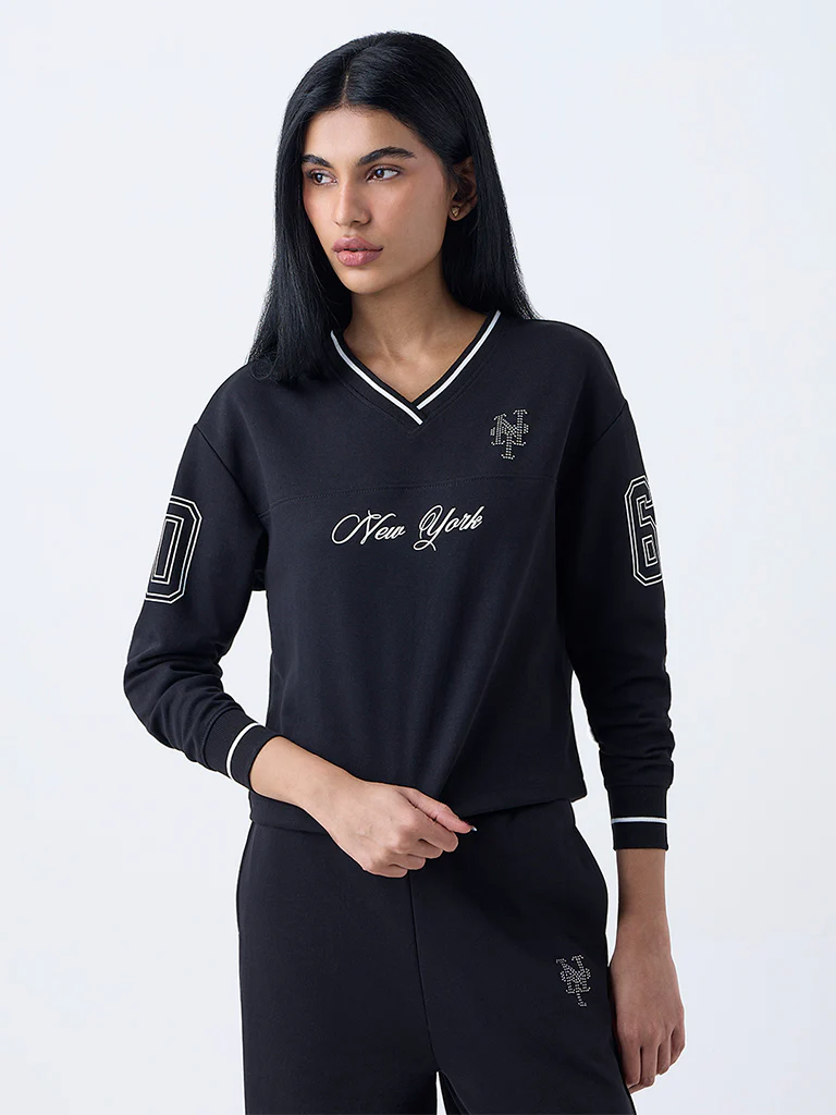 Studiofit Black Text Printed Cotton-Blend T-Shirt - Image 2