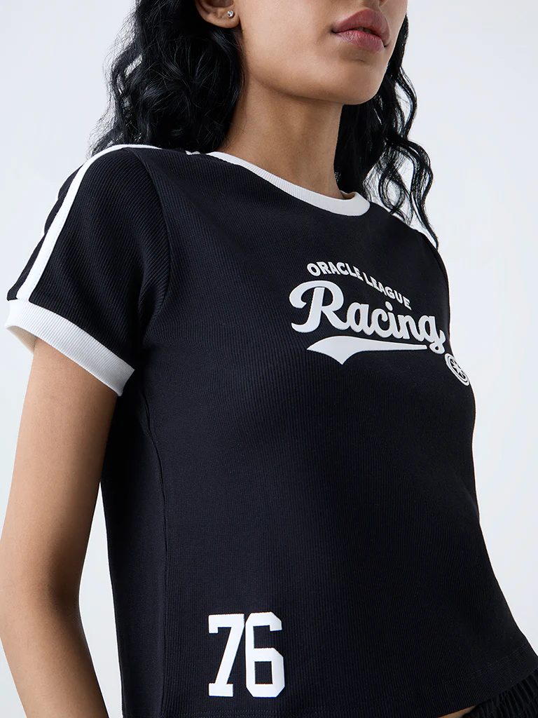 Studiofit Black Text Printed Cotton-Blend T-Shirt - Image 3