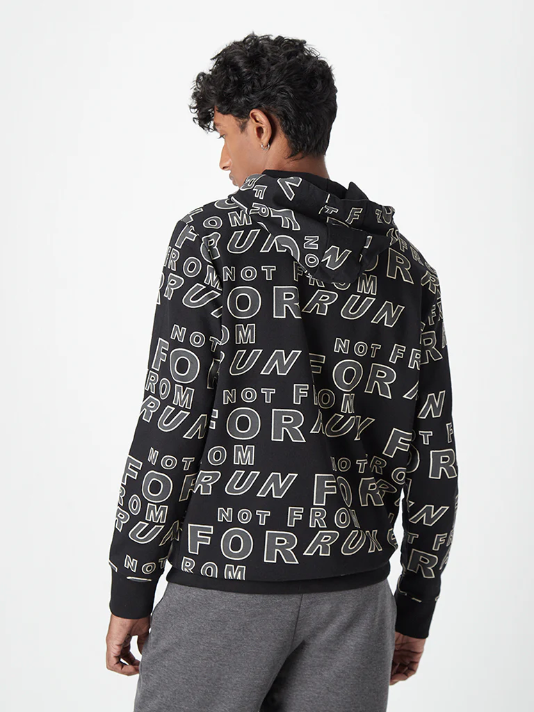 Studiofit Black Text-Printed Cotton Hooded Sweatshirt - Image 4