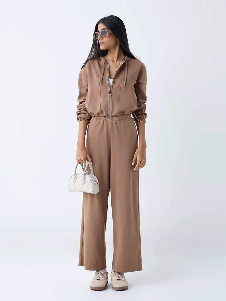Studiofit Brown Solid Hooded Jacket