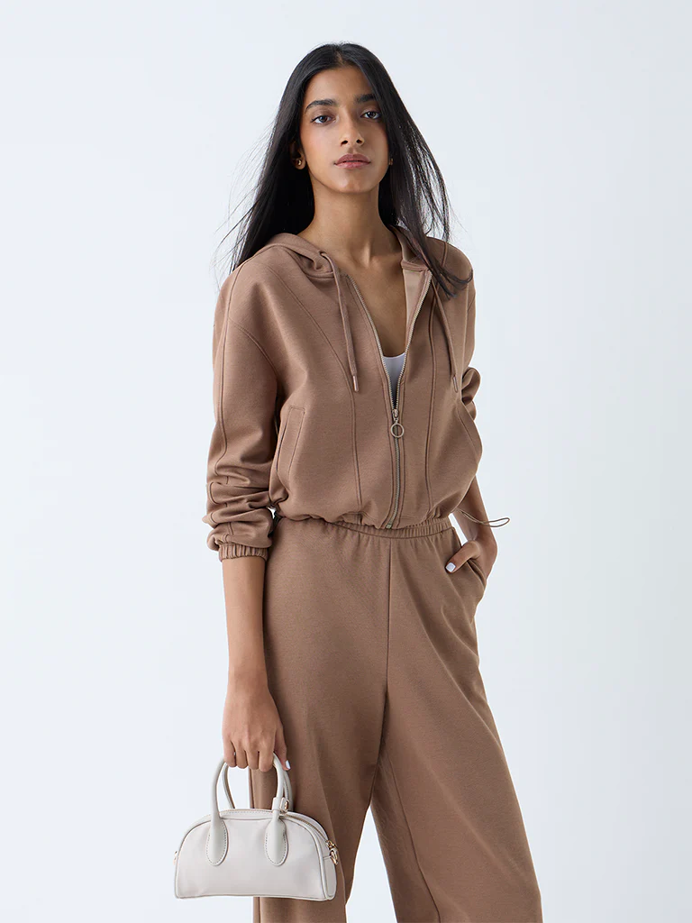 Studiofit Brown Solid Hooded Jacket - Image 2