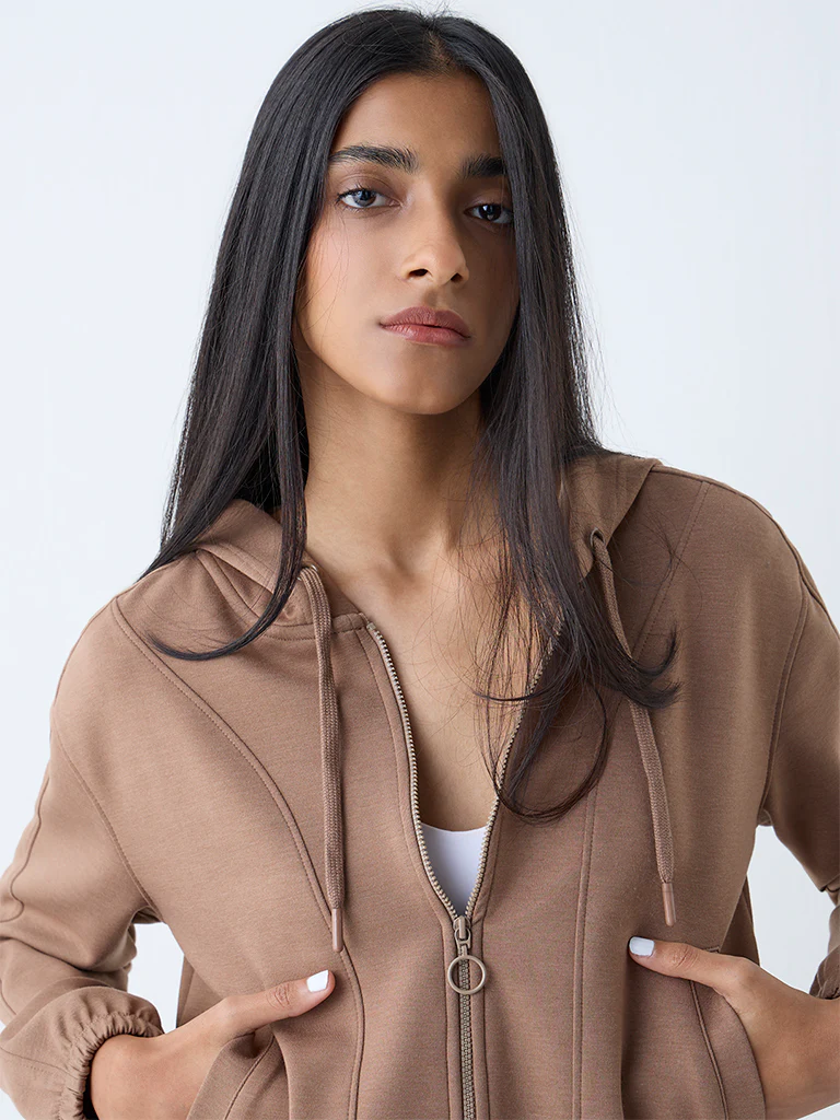 Studiofit Brown Solid Hooded Jacket - Image 3