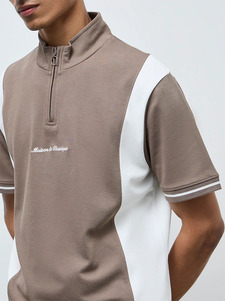 Studiofit Brown Text Design Quarter-Zip Slim-Fit Cotton-Blend T-Shirt - Image 4