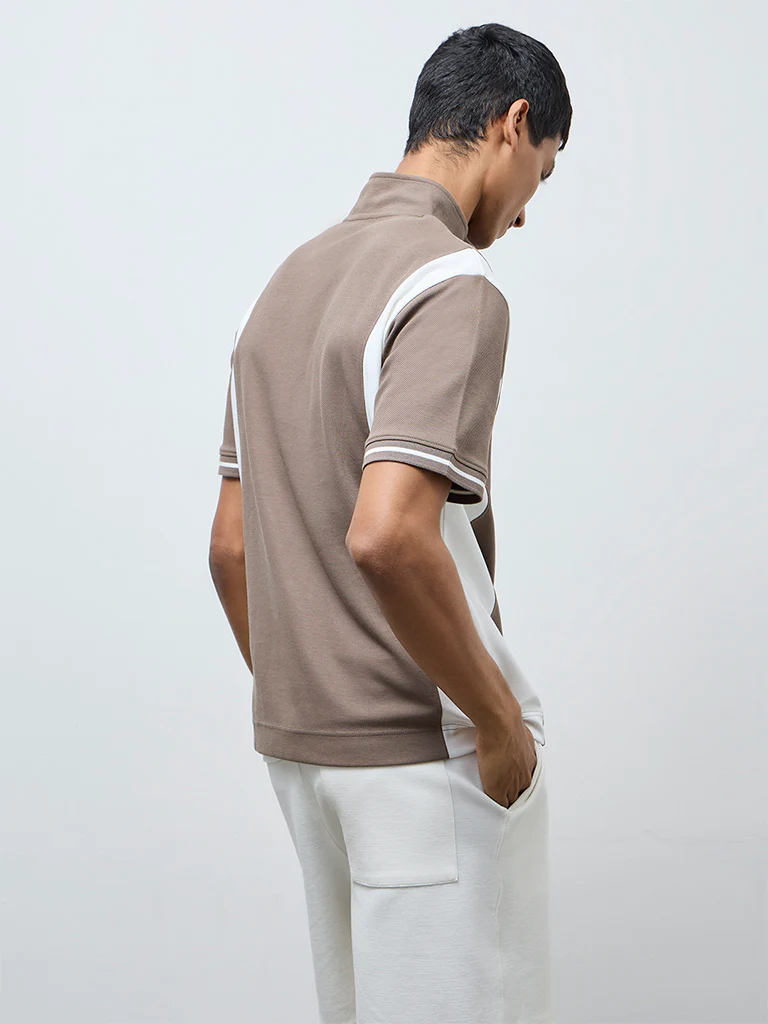 Studiofit Brown Text Design Quarter-Zip Slim-Fit Cotton-Blend T-Shirt - Image 5