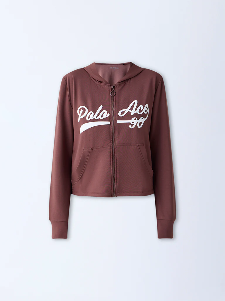 Studiofit Brown Text-Printed Jacket - Image 5
