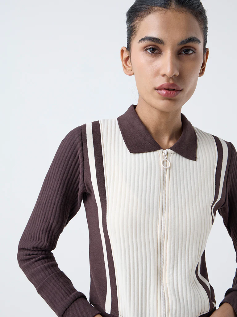 Studiofit Cream Colour-Blocked Cotton-Blend Jacket - Image 3