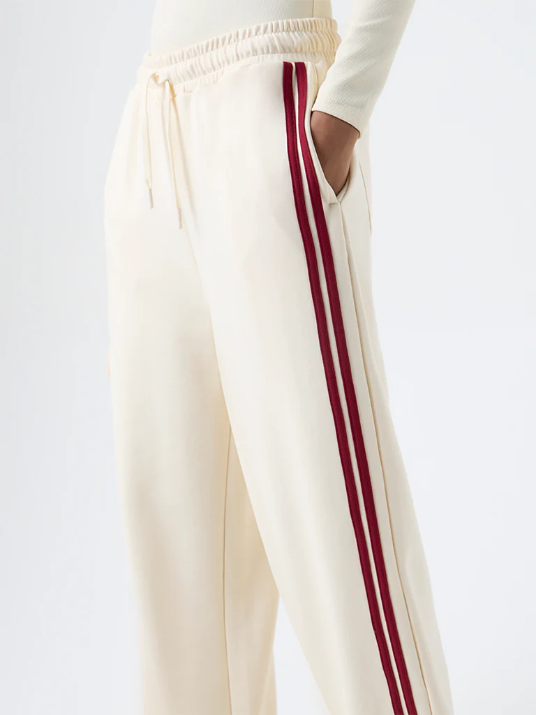 Studiofit Cream Stripe Detailed High-Rise Track Pants - Image 3