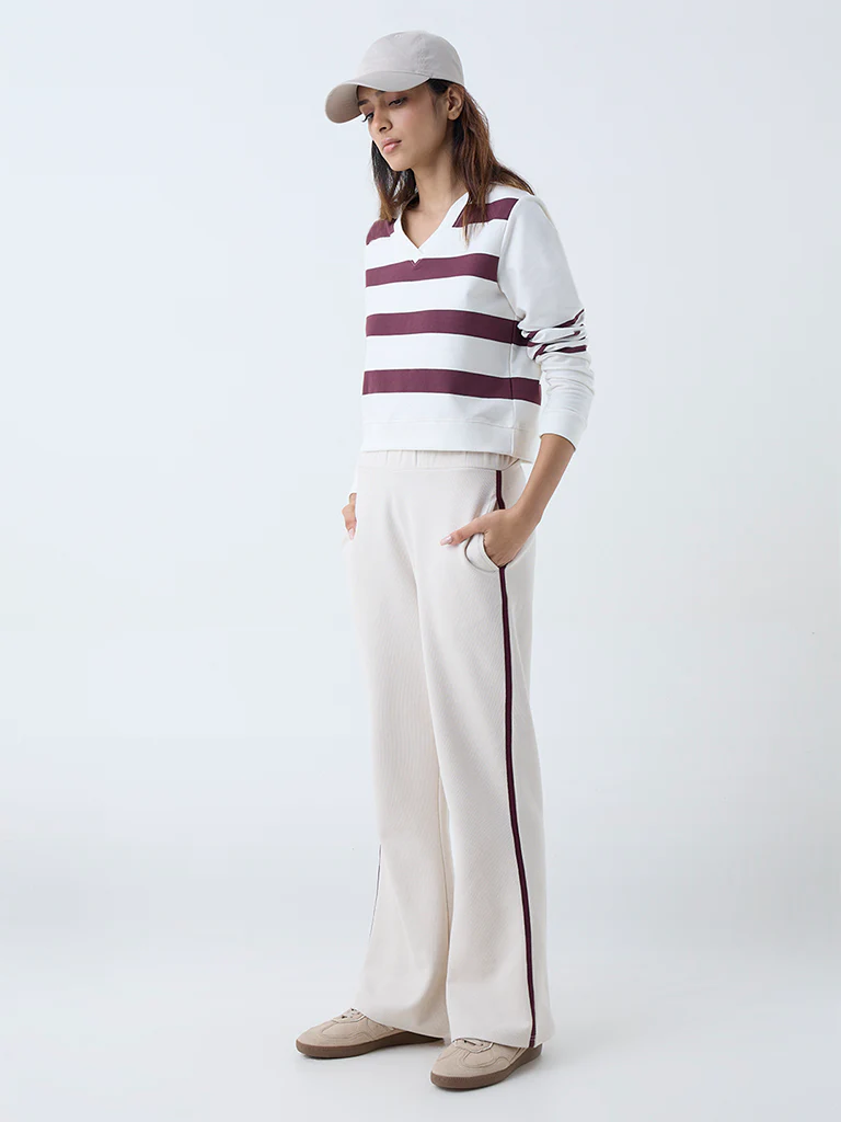 Studiofit Cream Striped Cotton-Blend T-Shirt - Image 2