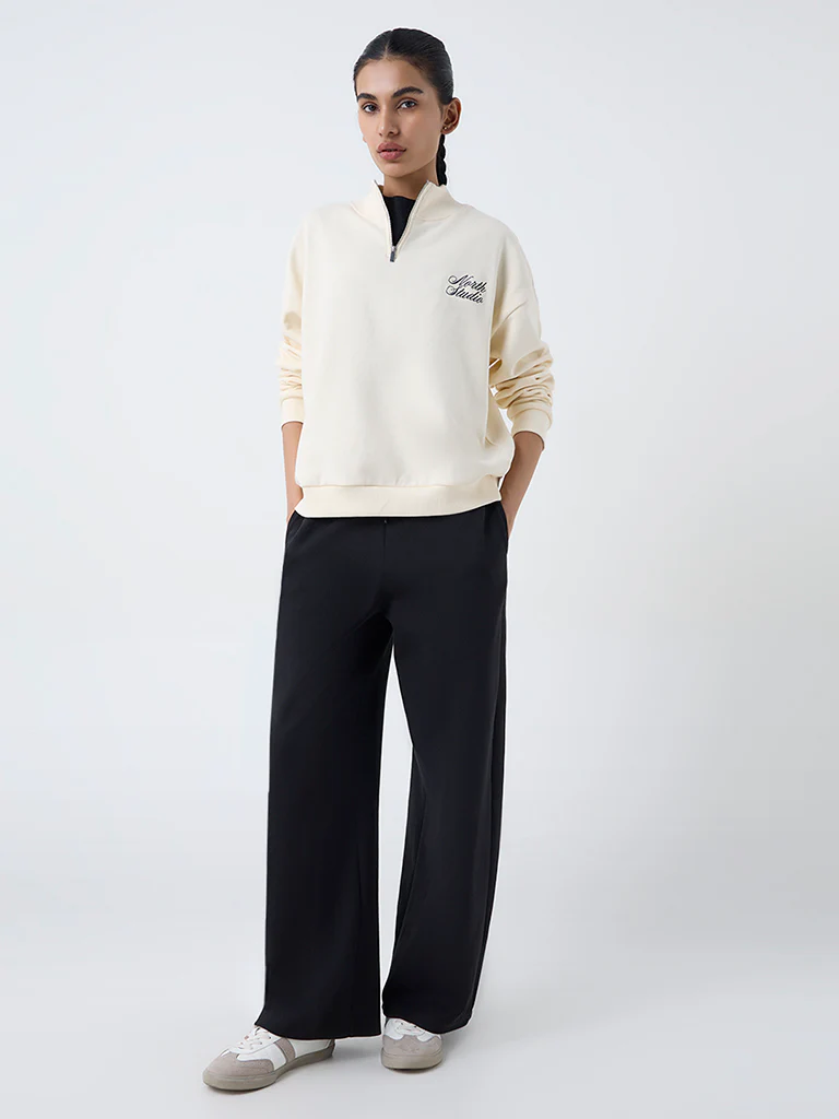 Studiofit Cream Text Design Cotton Sweatshirt - Image 2