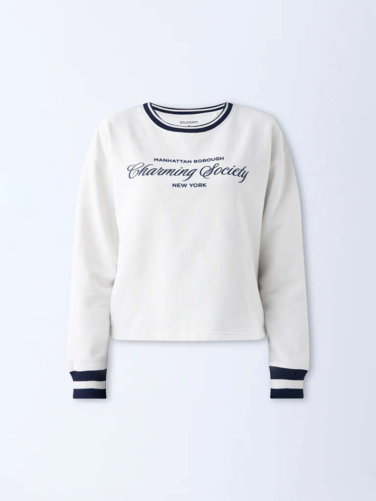 Studiofit Cream Text Detailed Cotton Sweatshirt - Image 5