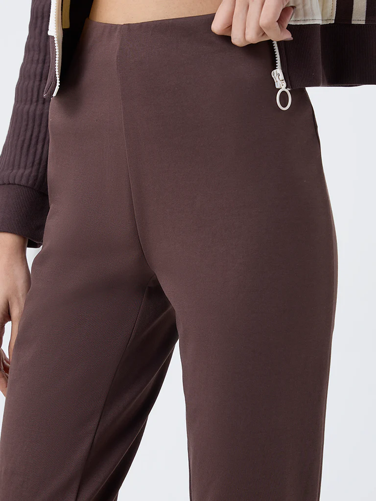 Studiofit Dark Brown Bootcut High-Rise Cotton-Blend Pants - Image 3