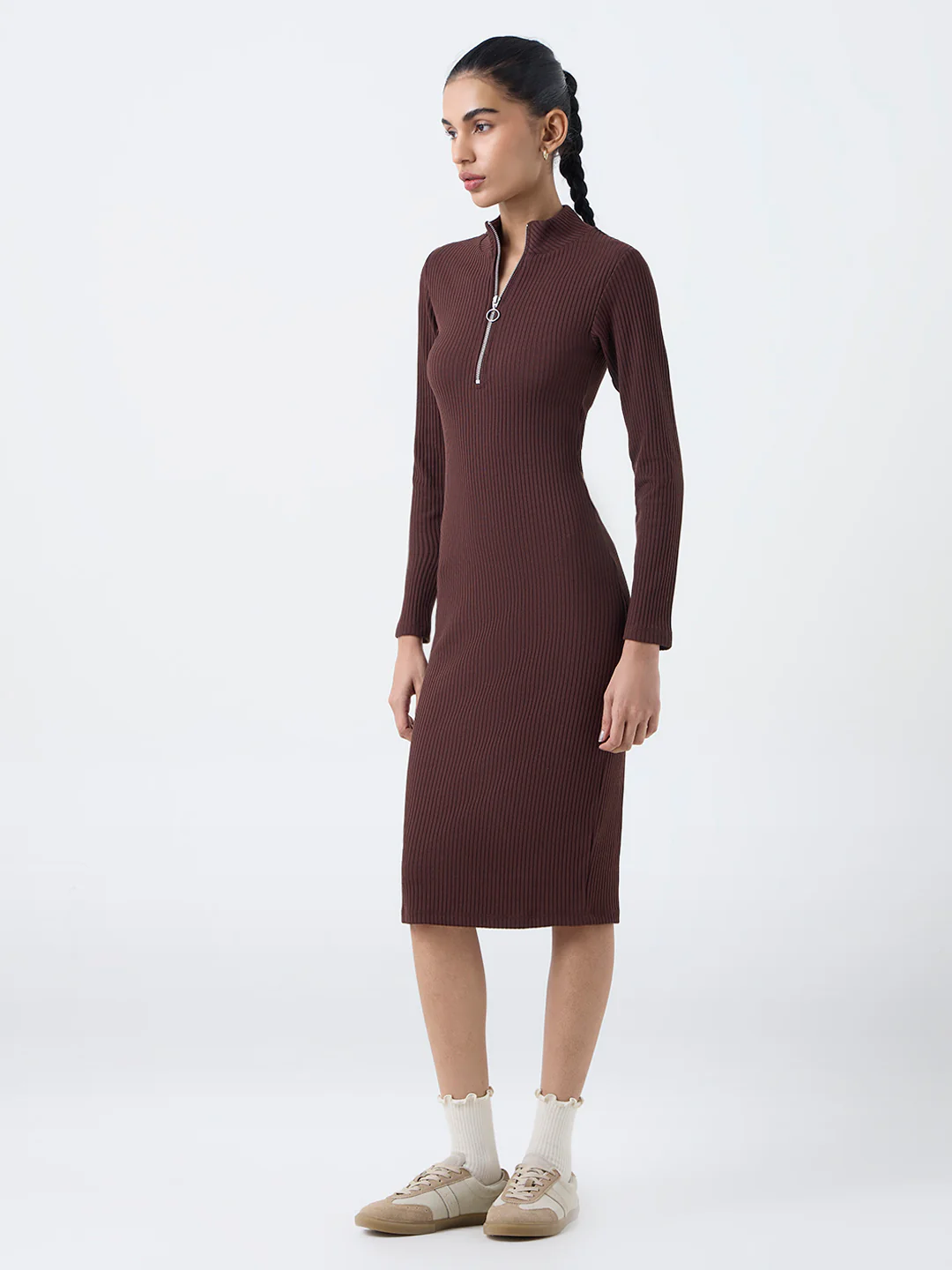 Studiofit Dark Brown Ribbed Quarter-Zip Bodycon Dress - Image 2