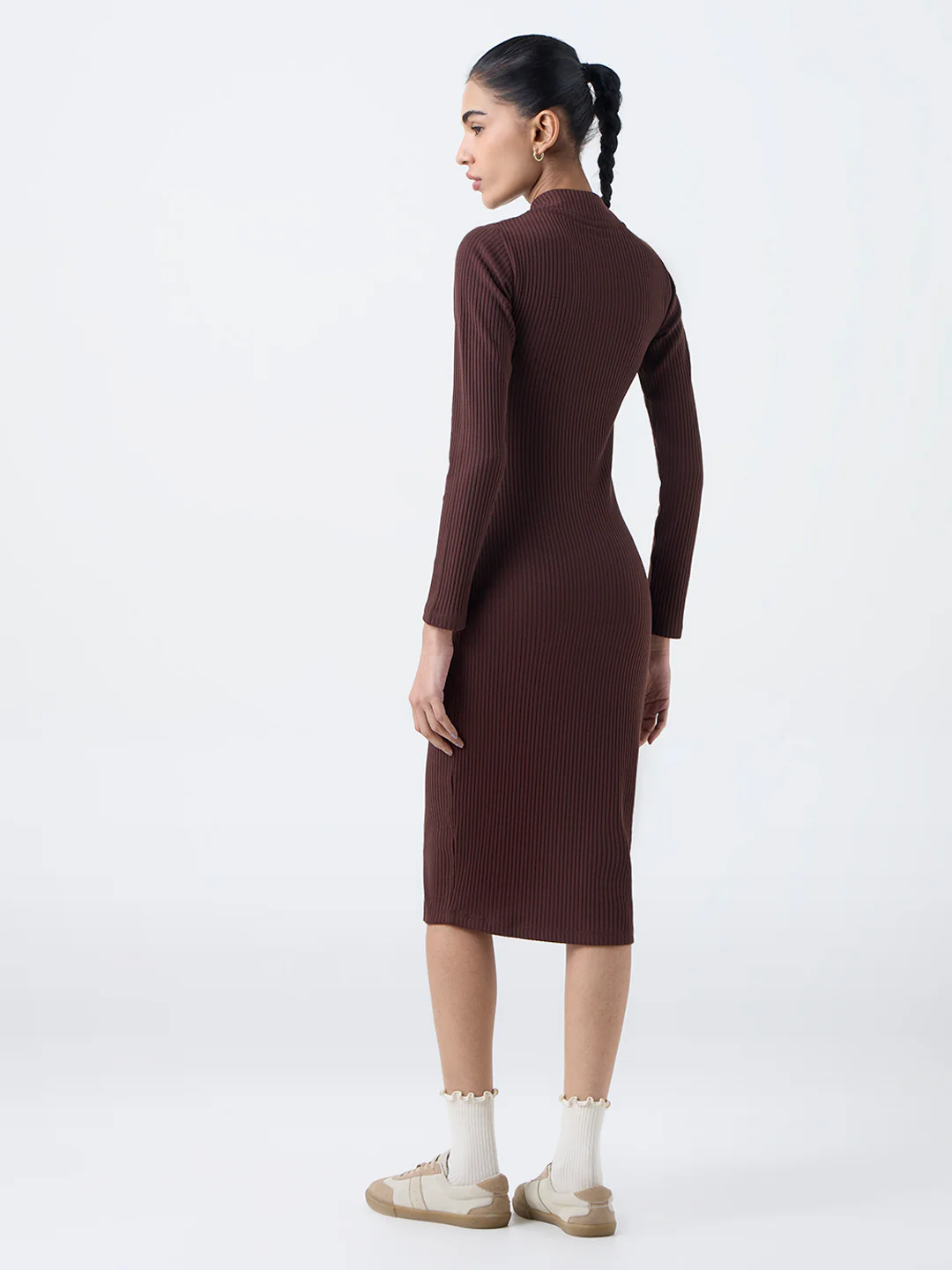 Studiofit Dark Brown Ribbed Quarter-Zip Bodycon Dress - Image 4