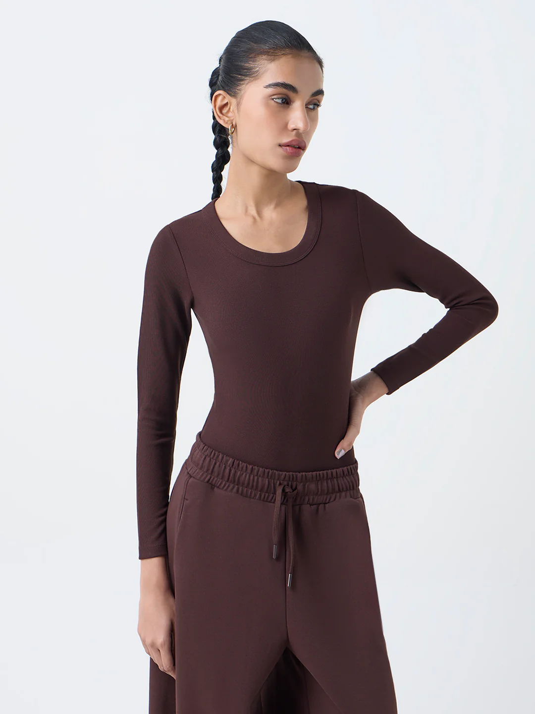 Studiofit Dark Brown Ribbed-Textured Bodysuit - Image 2