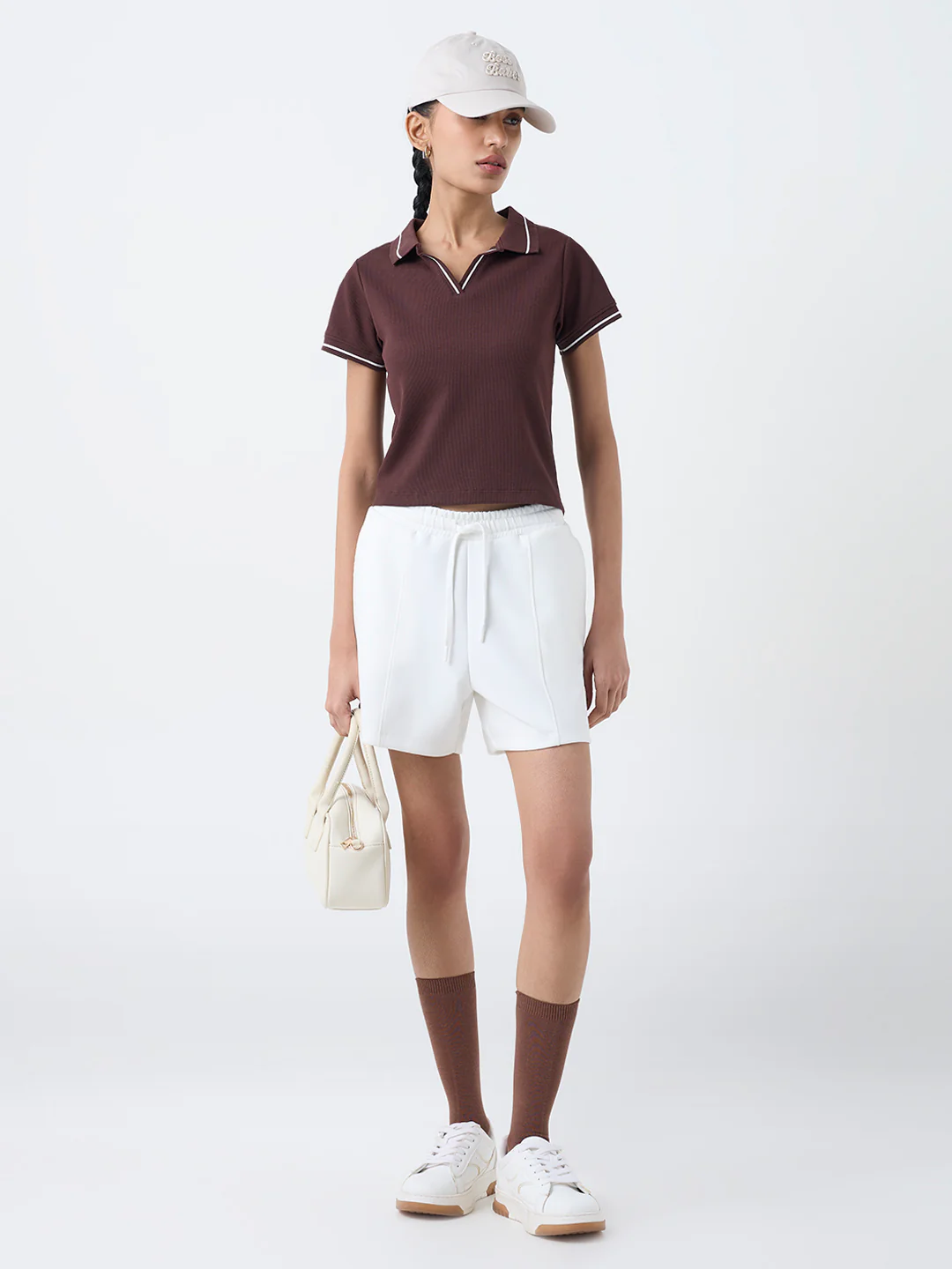 Studiofit Dark Brown Ribbed-Textured Cotton-Blend T-Shirt - Image 2