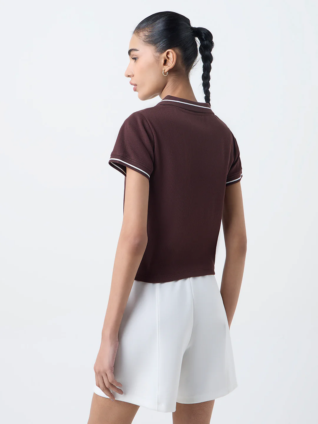 Studiofit Dark Brown Ribbed-Textured Cotton-Blend T-Shirt - Image 4