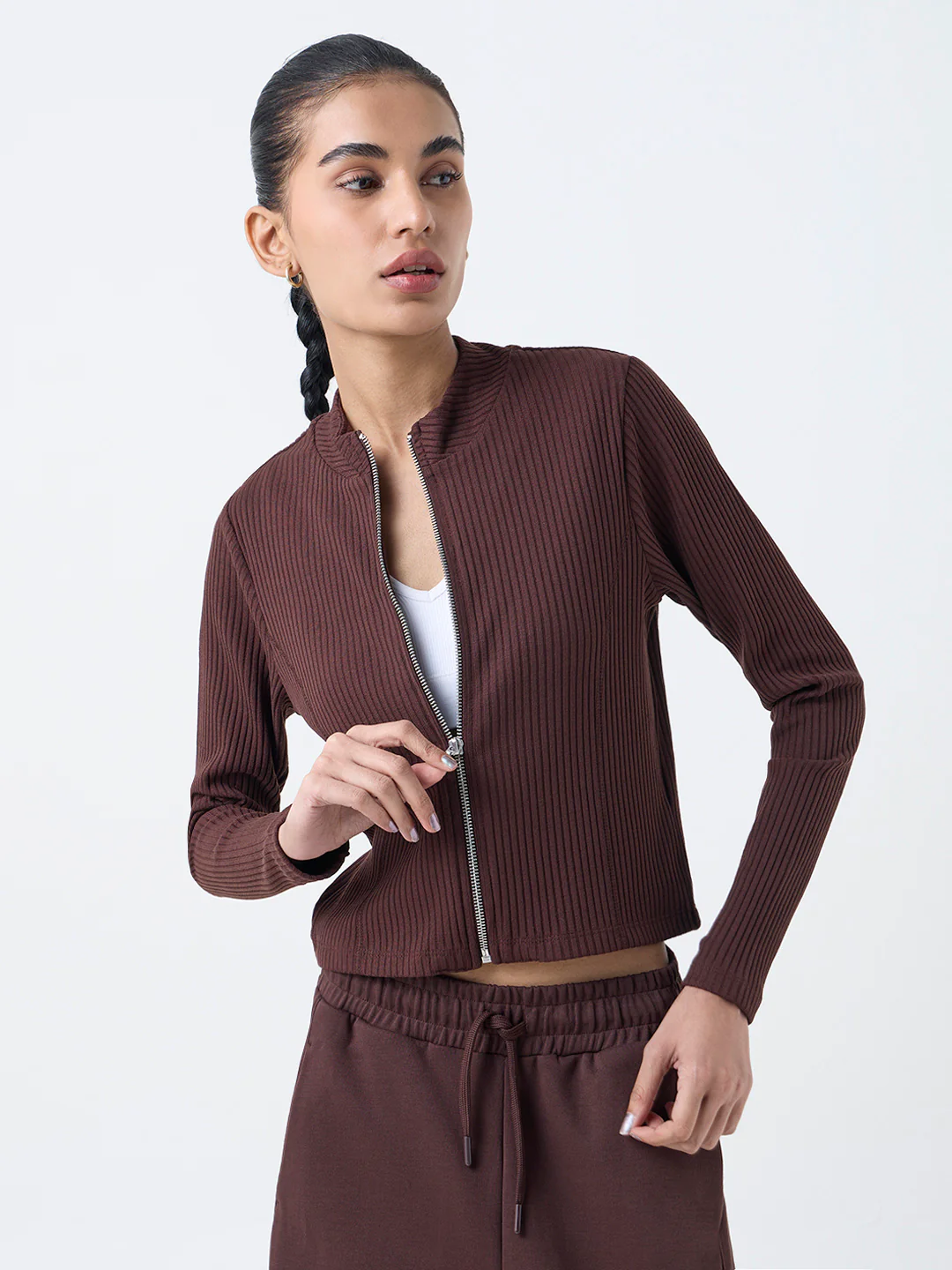 Studiofit Dark Brown Ribbed-Textured Jacket