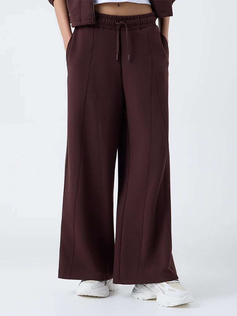 Studiofit Dark Brown Solid High-Rise Track Pants - Image 2