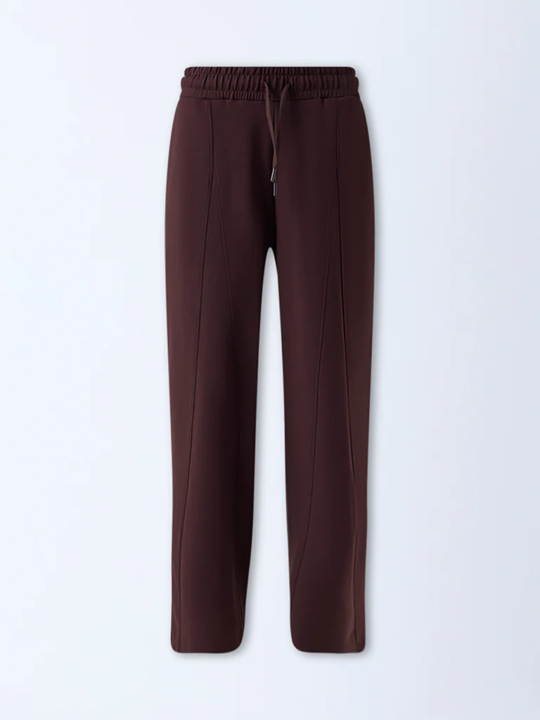 Studiofit Dark Brown Solid High-Rise Track Pants - Image 5