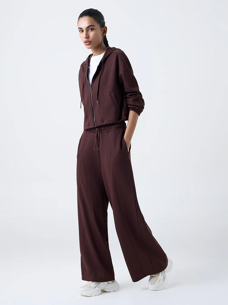 Studiofit Dark Brown Solid Hooded Jacket - Image 2