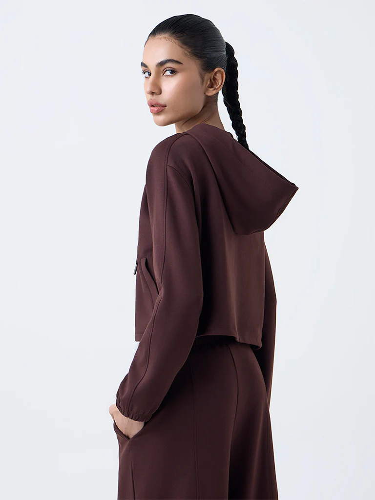 Studiofit Dark Brown Solid Hooded Jacket - Image 4