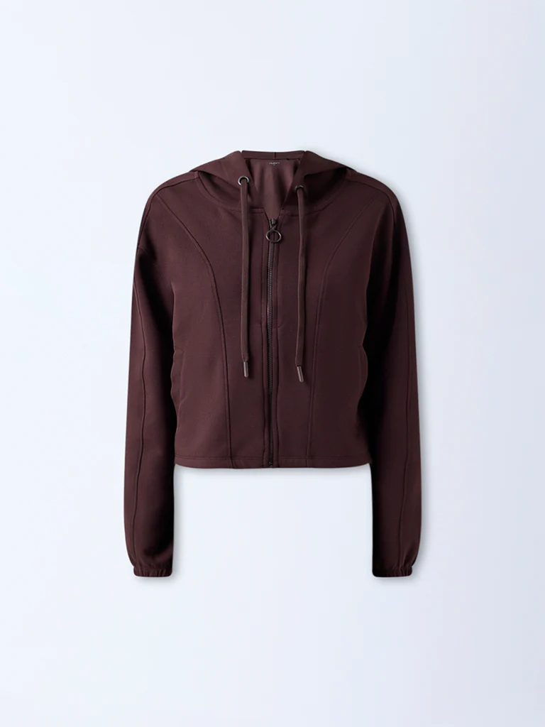 Studiofit Dark Brown Solid Hooded Jacket - Image 5