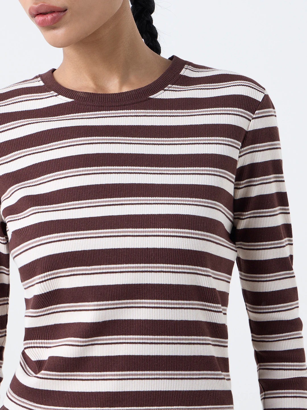 Studiofit Dark Brown Striped Cotton-Blend T-Shirt - Image 3