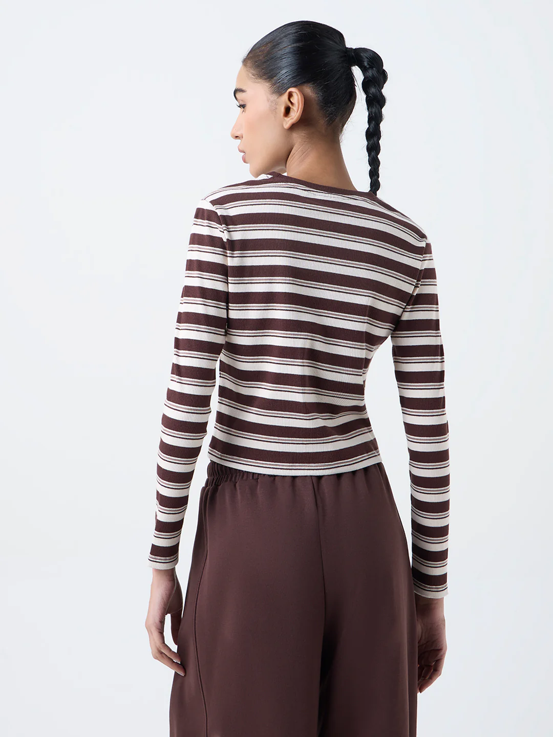 Studiofit Dark Brown Striped Cotton-Blend T-Shirt - Image 4