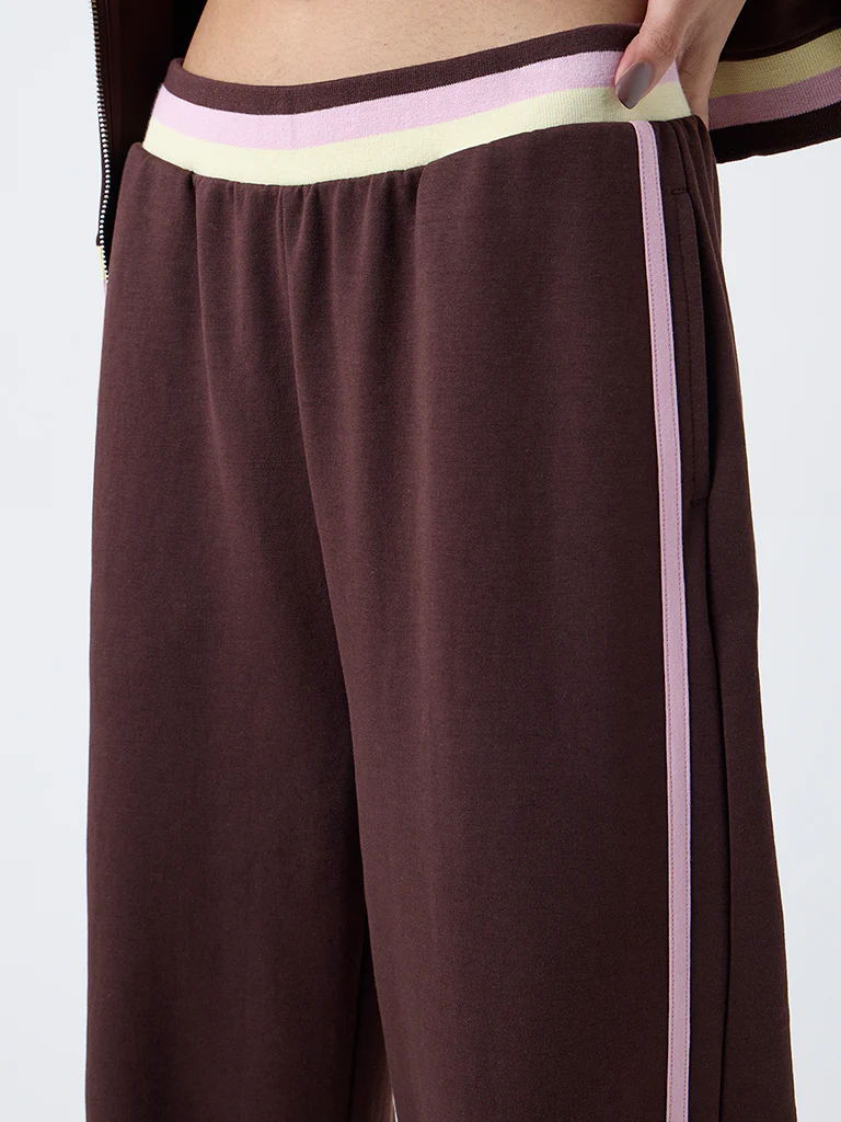 Studiofit Dark Brown Striped High-Rise Pants - Image 3
