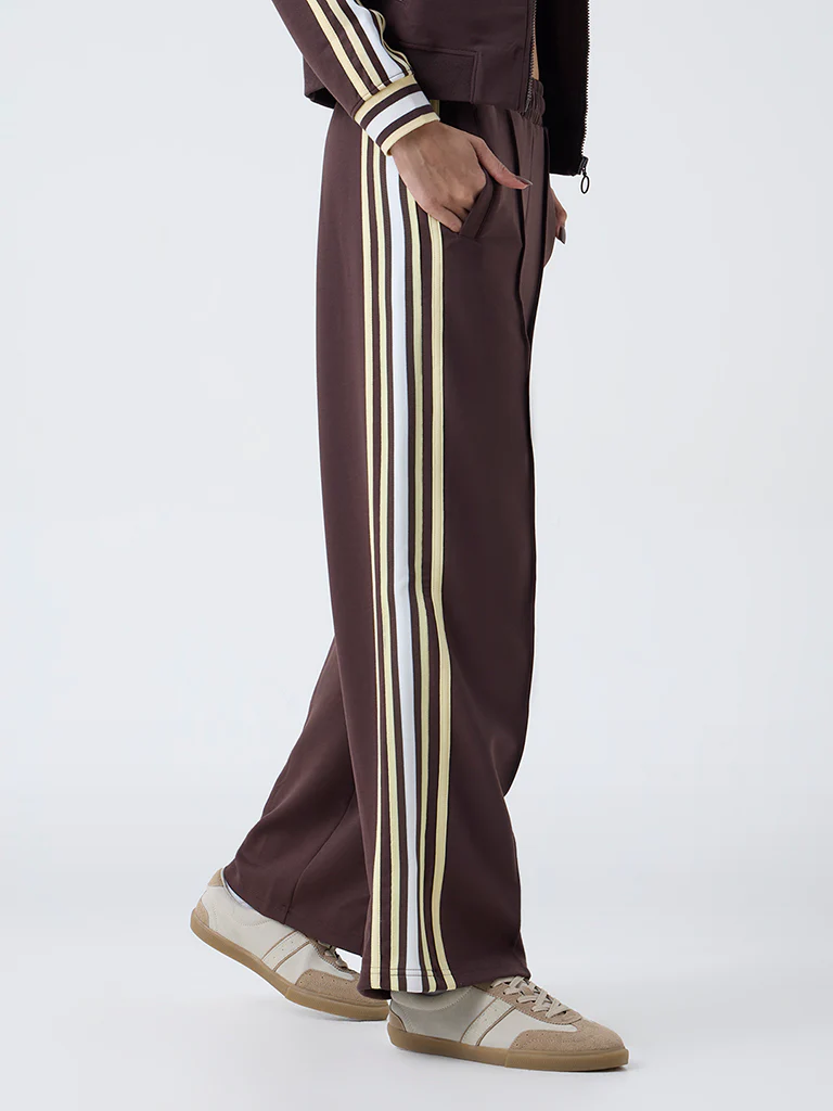 Studiofit Dark Brown Striped High-Rise Pants - Image 2