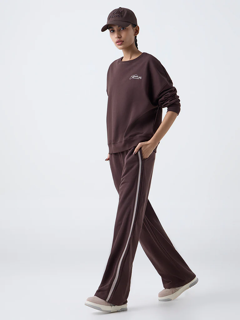Studiofit Dark Brown Text Design Cotton-Blend Sweatshirt - Image 2