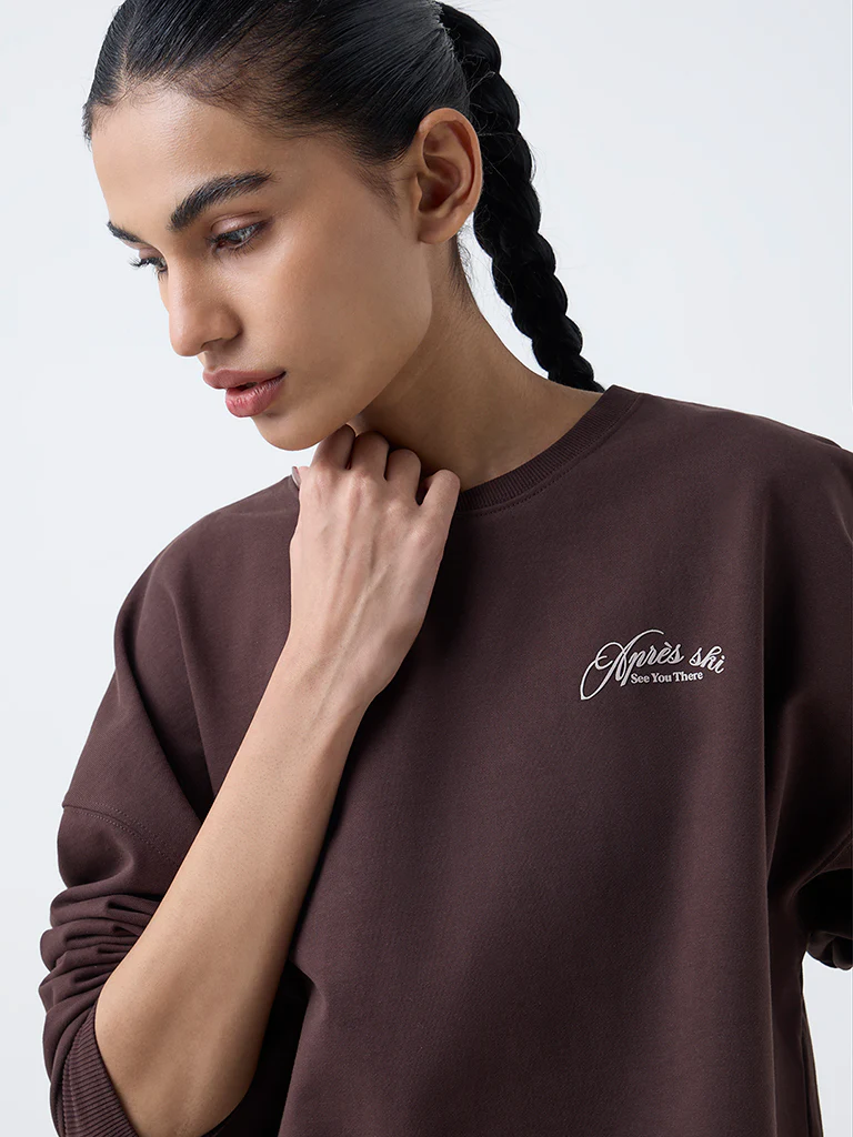 Studiofit Dark Brown Text Design Cotton-Blend Sweatshirt - Image 3