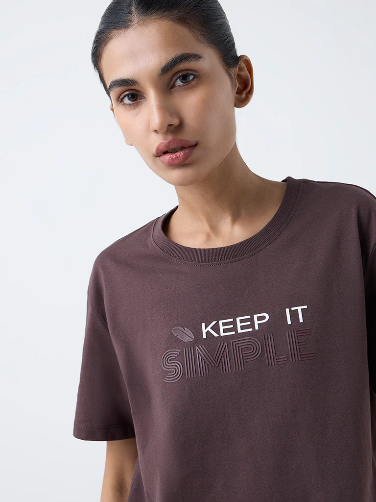 Studiofit Dark Brown Text Printed Cotton-Blend T-Shirt - Image 3