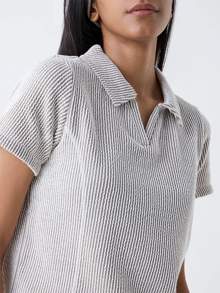 Studiofit Dark Brown Textured Cotton-Blend T-Shirt - Image 3
