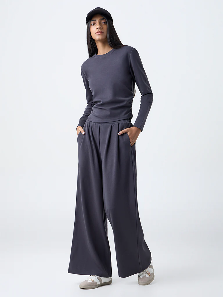 Studiofit Dark Grey Solid High-Rise Flared Pants