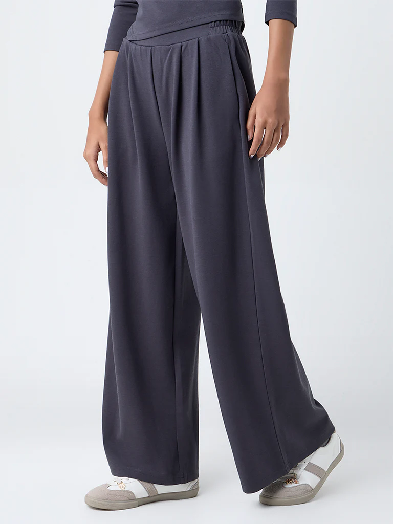 Studiofit Dark Grey Solid High-Rise Flared Pants - Image 2