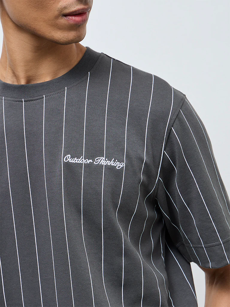 Studiofit Dark Grey Striped Relaxed-Fit Cotton-Blend T-Shirt - Image 4