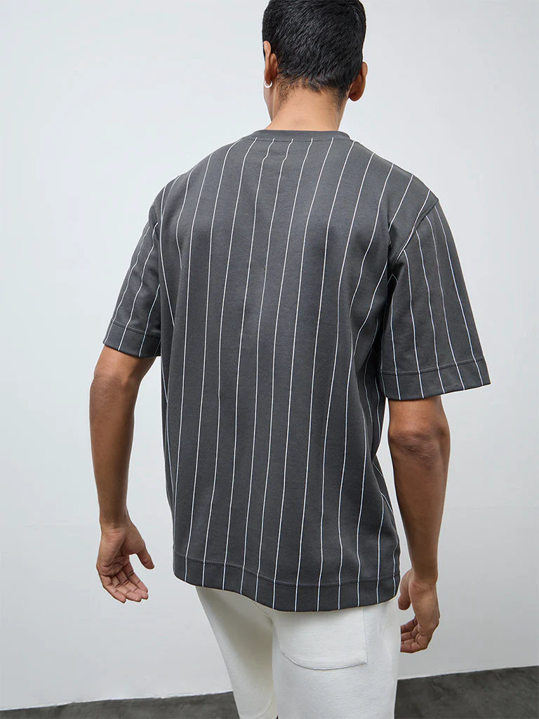 Studiofit Dark Grey Striped Relaxed-Fit Cotton-Blend T-Shirt - Image 5